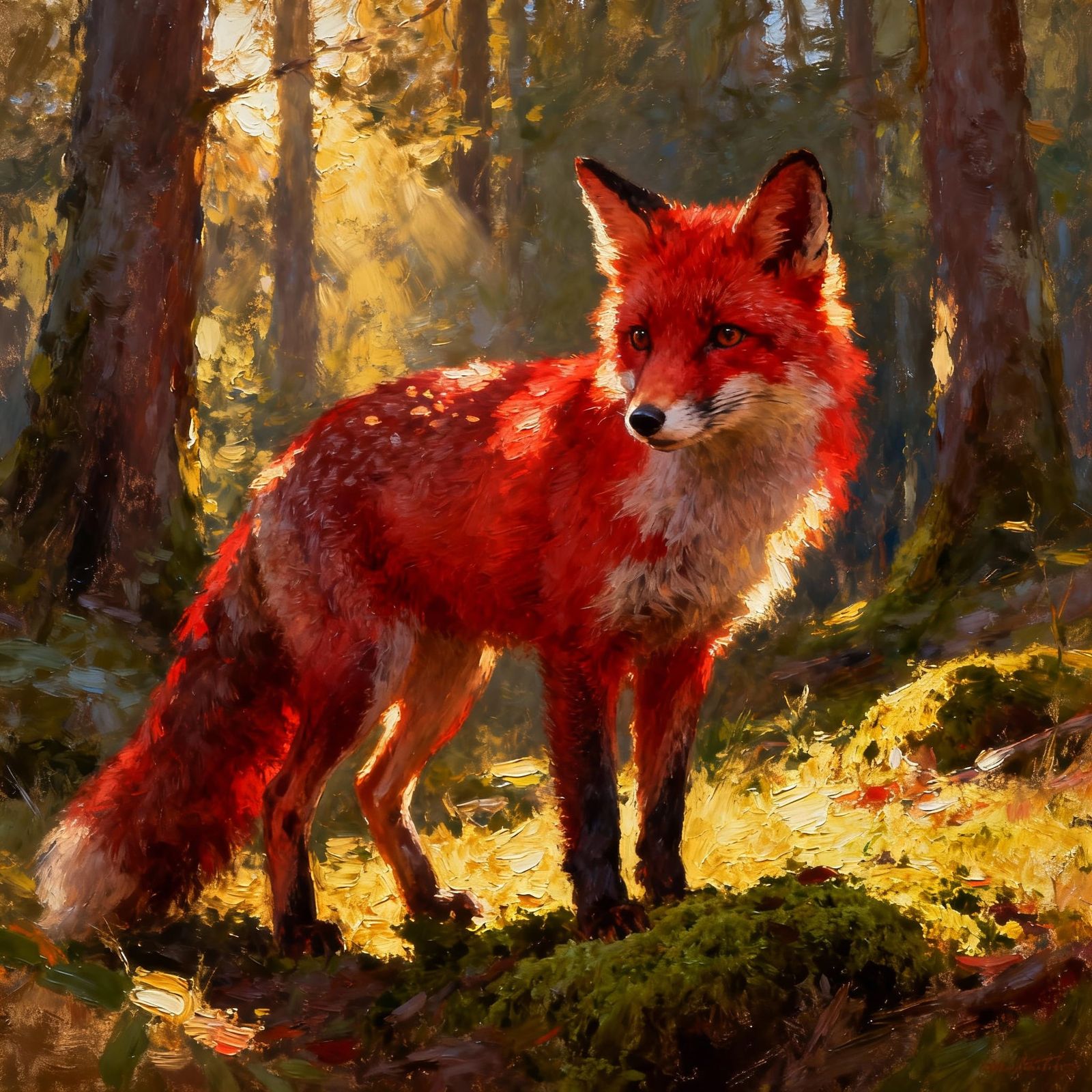 Red Fox in Forest Sunlight, Oil Painting