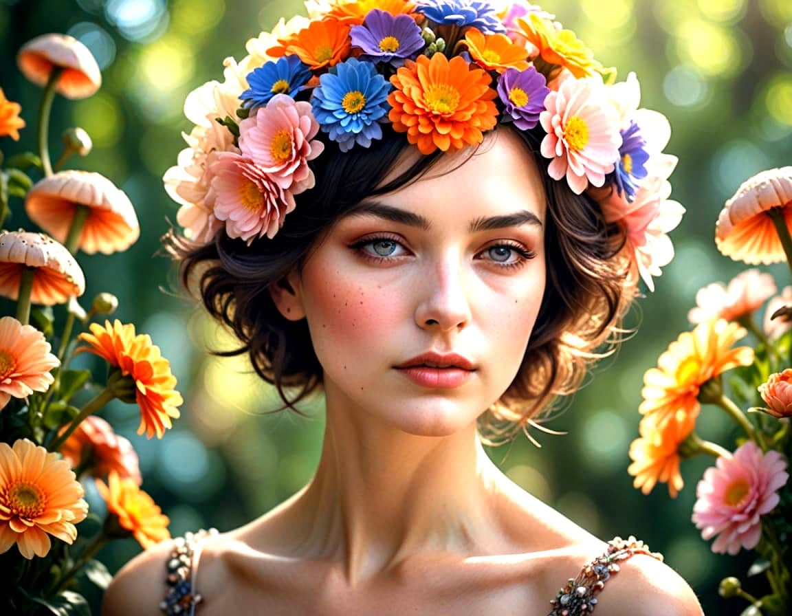 Surreal Portrait of a Flower-Crowned Beauty in Soft Focus