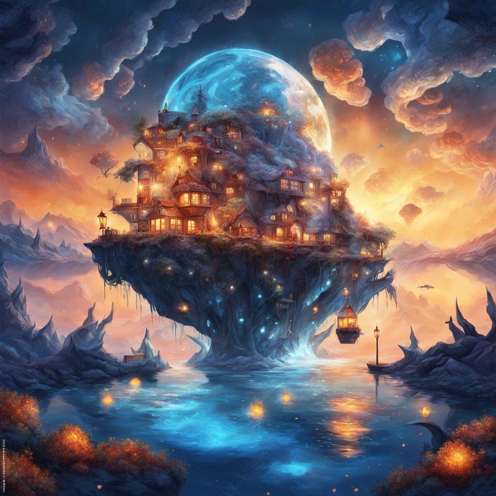 Jeweled Skull Floating Above Fire in Surreal Style