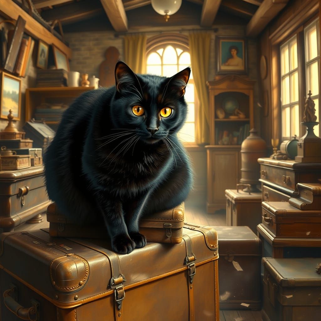 Regal Black Cat in Sunlit Attic: Nostalgic Realism