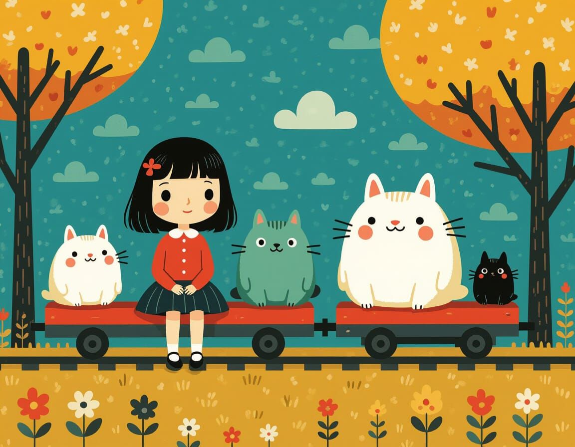 Anime Girl and Creatures on Train, 3D Rendered