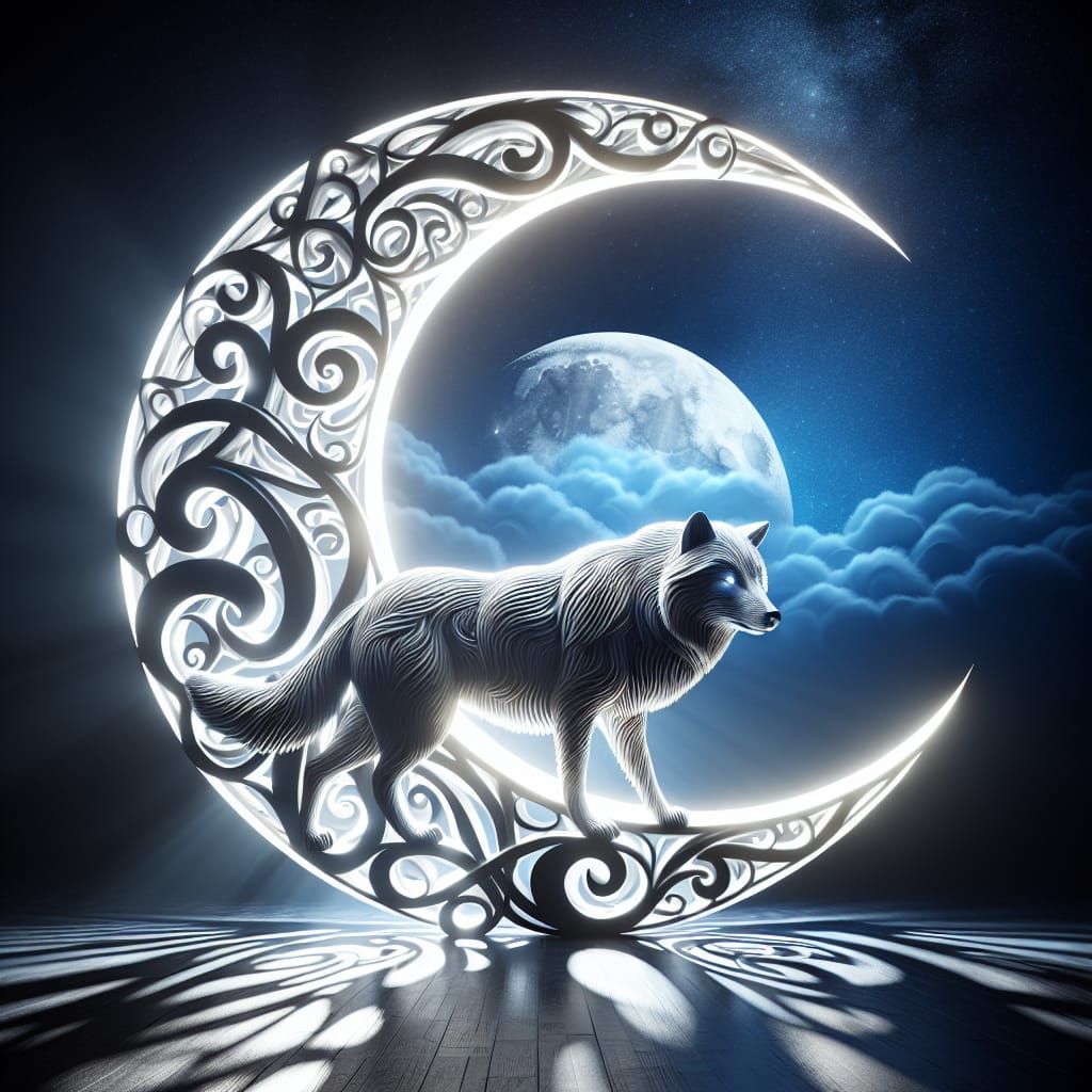 a unique detailed lighted crescent moon with scroll work , a...