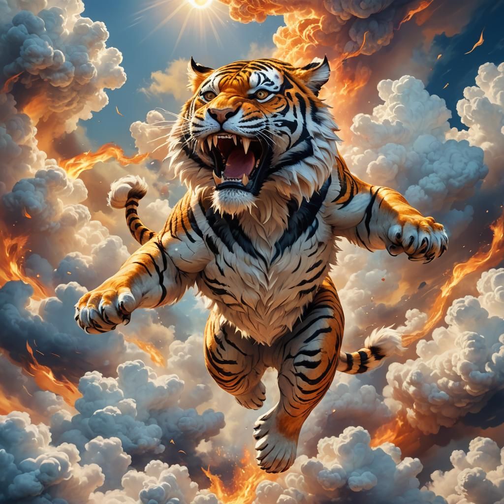 Fiery Cloud Tiger Leaping: Fantasy Concept Art
