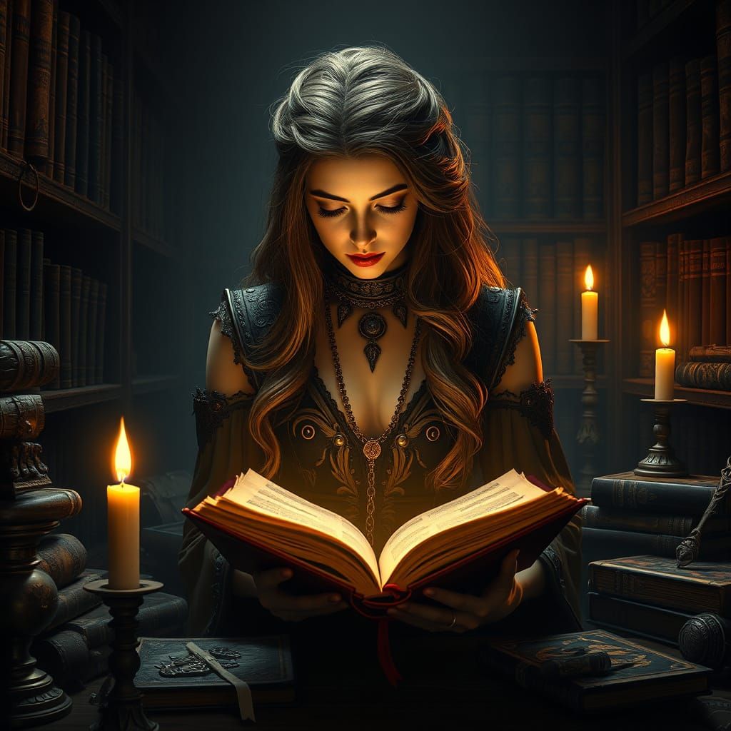 Gothic Goddess in Ancient Library Illuminated by Candlelight