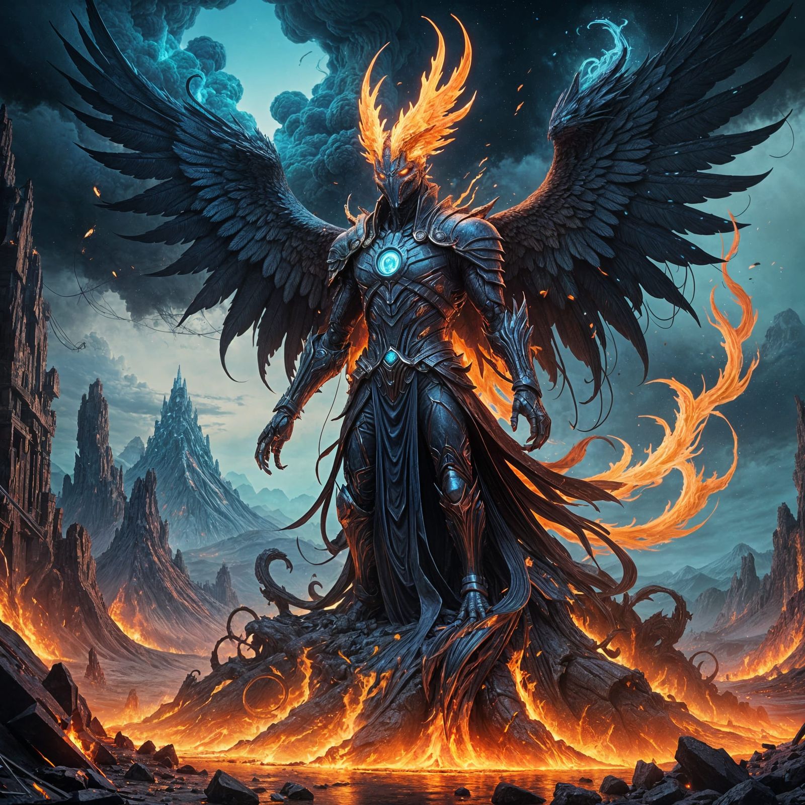 Majestic Phoenix Figure Amidst Fiery Volcanic Landscape