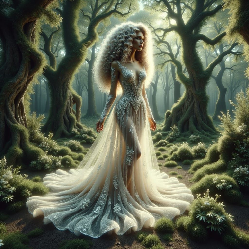 Surreal Woman Strolls Through a Dreamy Forest Landscape in W...