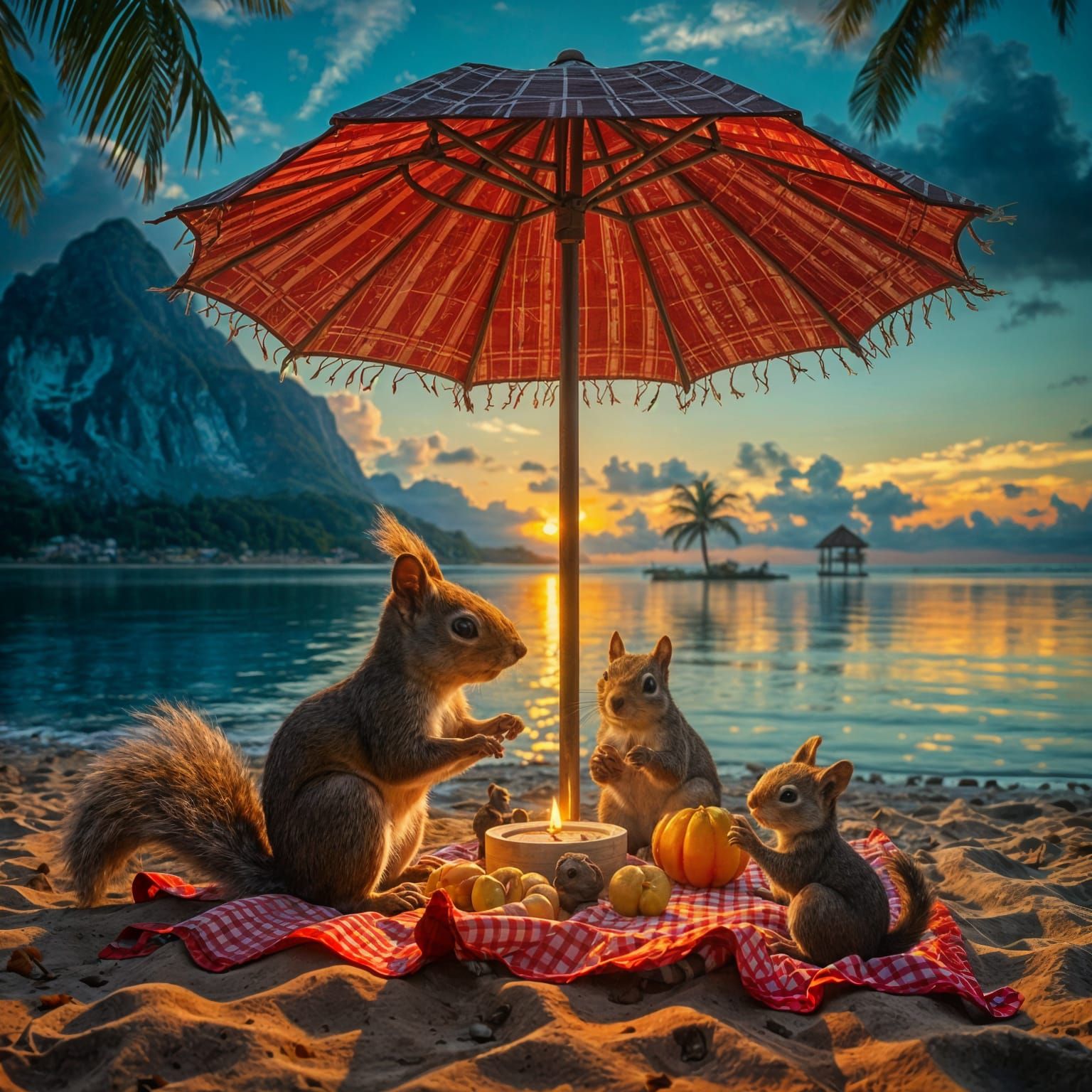 Idyllic Tropical Sunset with a Cozy Squirrel Family Picnic