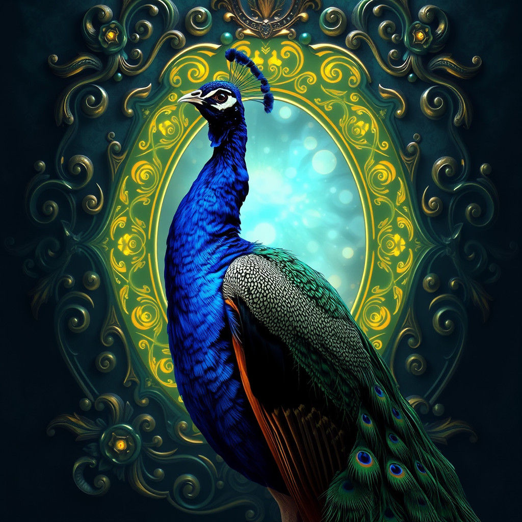Peacock in Mystical Mirror with Ethereal Glow