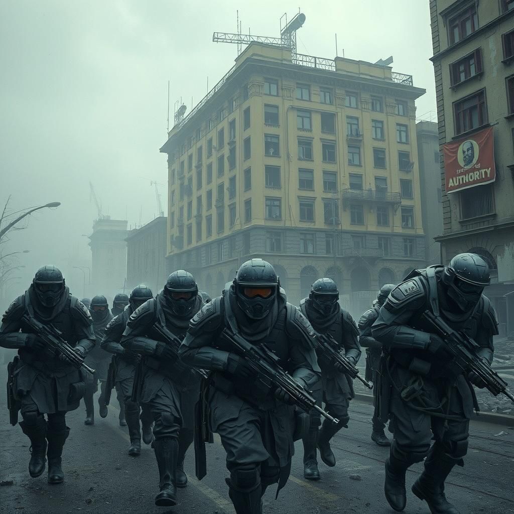 Dystopian Soldiers in Fog-Shrouded Cityscape