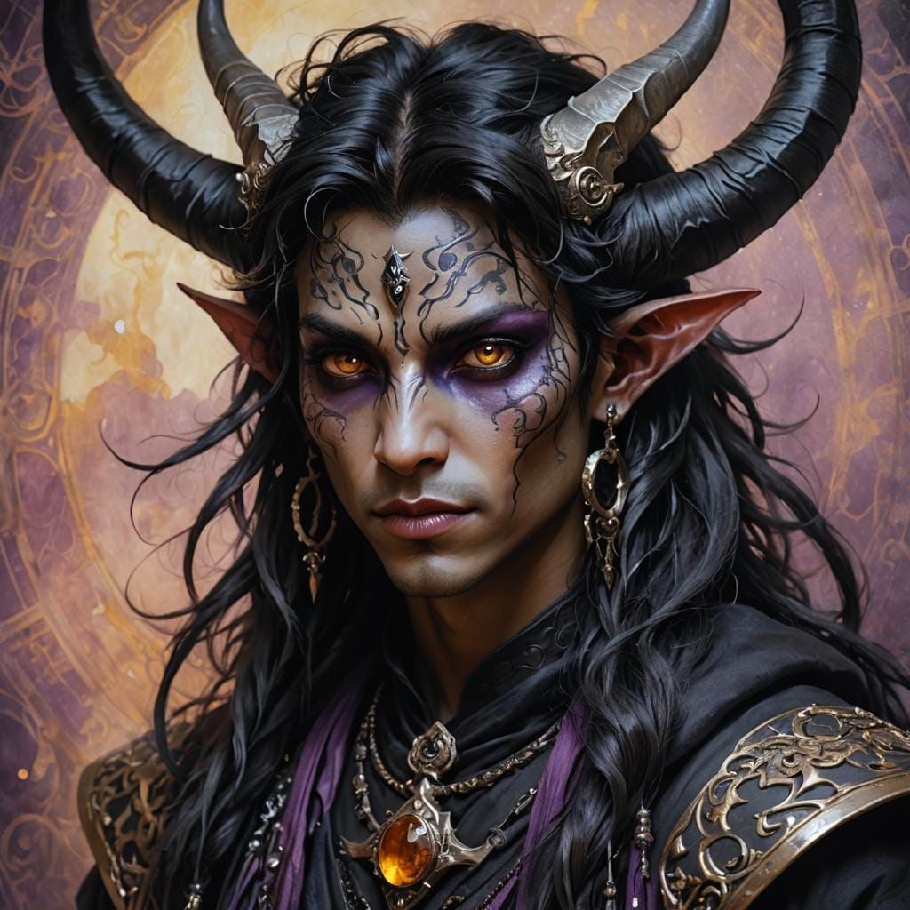 Rakshasa Tiefling Portrait in Art Nouveau Style