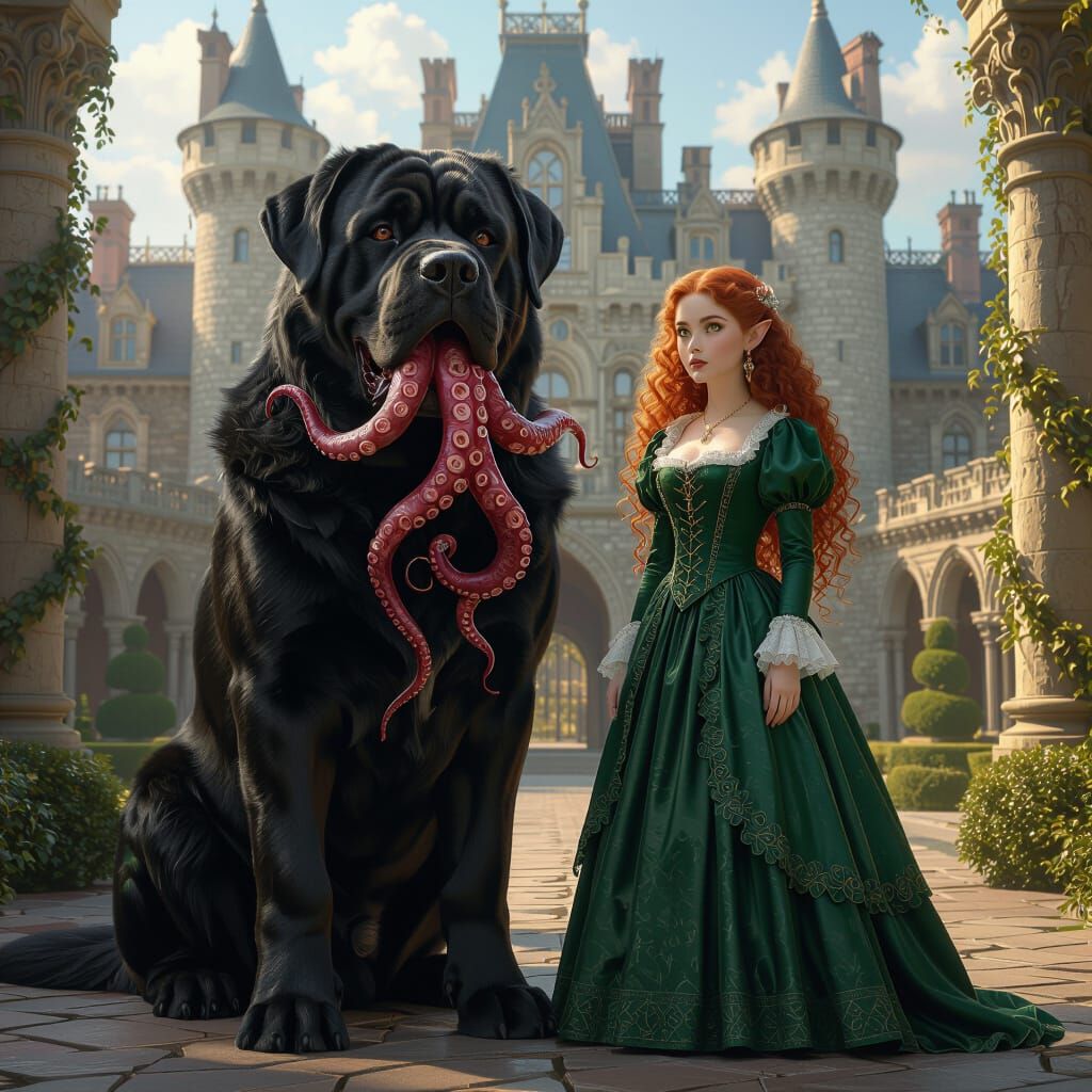 Mastiff With Tentacles and Elf Maiden in Castle Courtyard