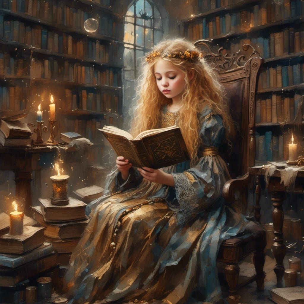 Medieval Girl Reading Magic Book, Oil Painting