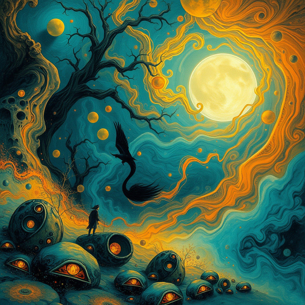 Mystical Dreamscape in Surrealist Illustration Style