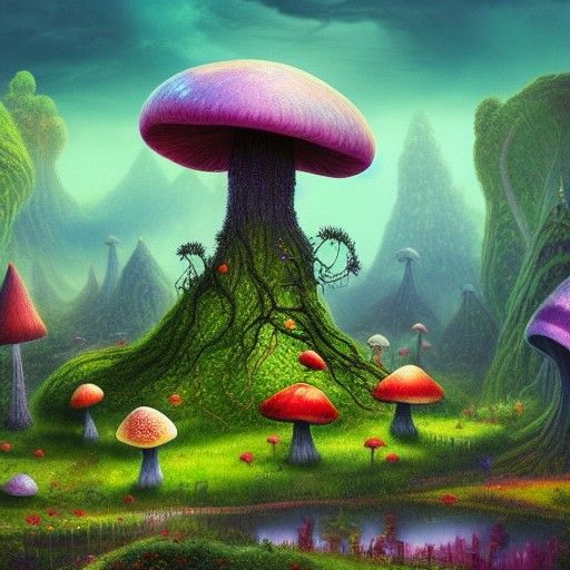 Whimsical Mushroom Kingdom with Alien Skies