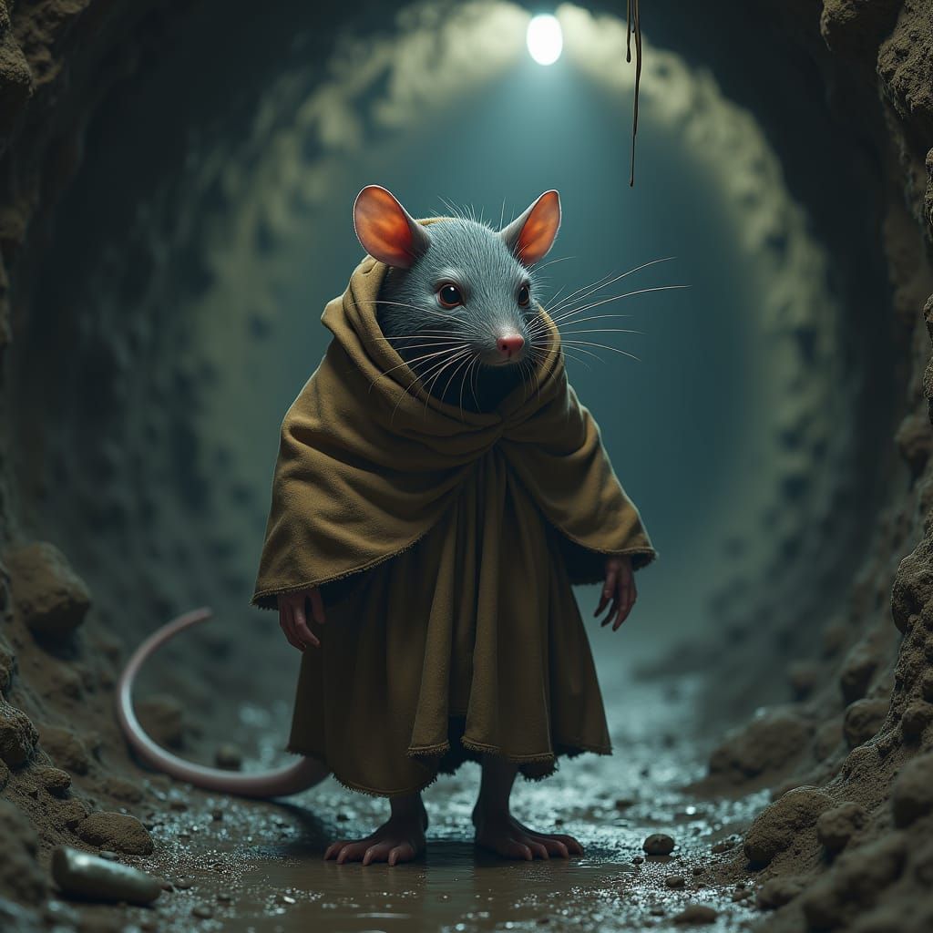 Aged Rat Monk Walks Sewer Tunnel