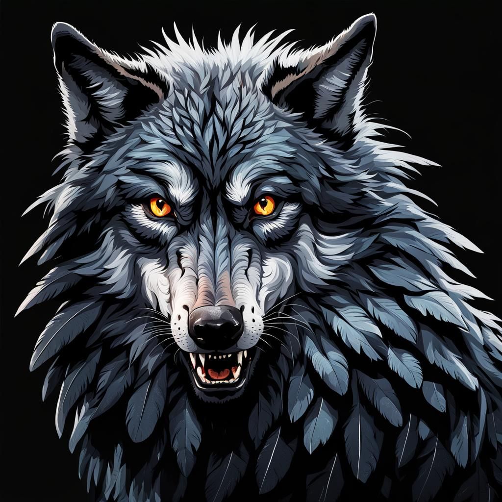 Terrifying Feathered Wolf Portrait on Black