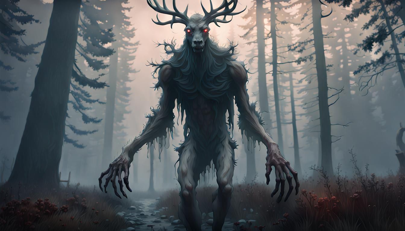 Creepy Wendigo Emerges from Fog: Dark Fantasy Art