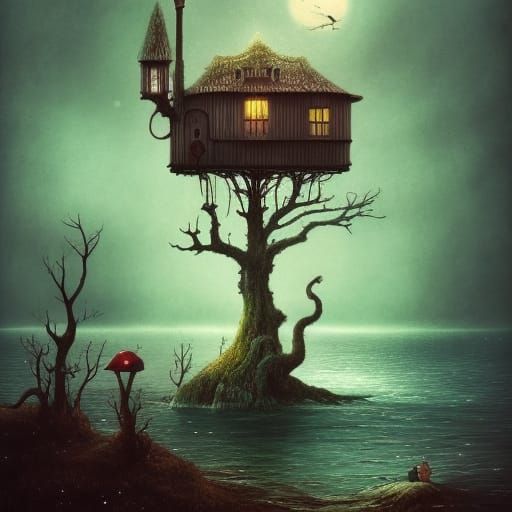 Whimsical Seaside House Illustration in Fantasy Style