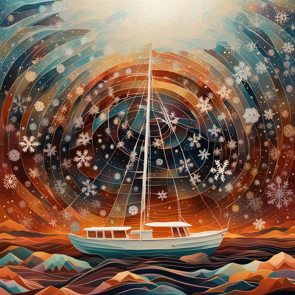 White Boat Navigates a Cosmic Snowstorm