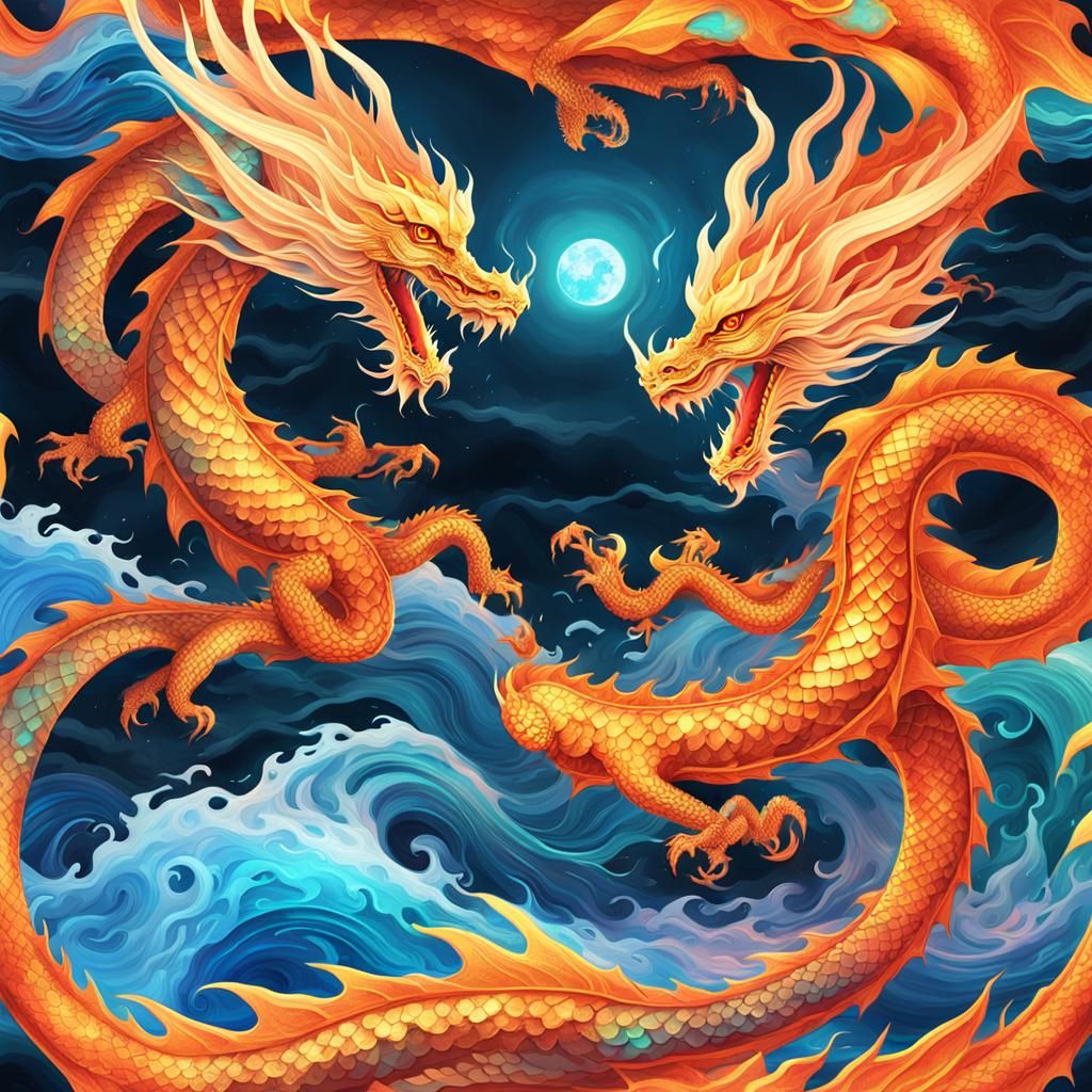 Fire and Water Dragons in Yin-Yang, Digital Art