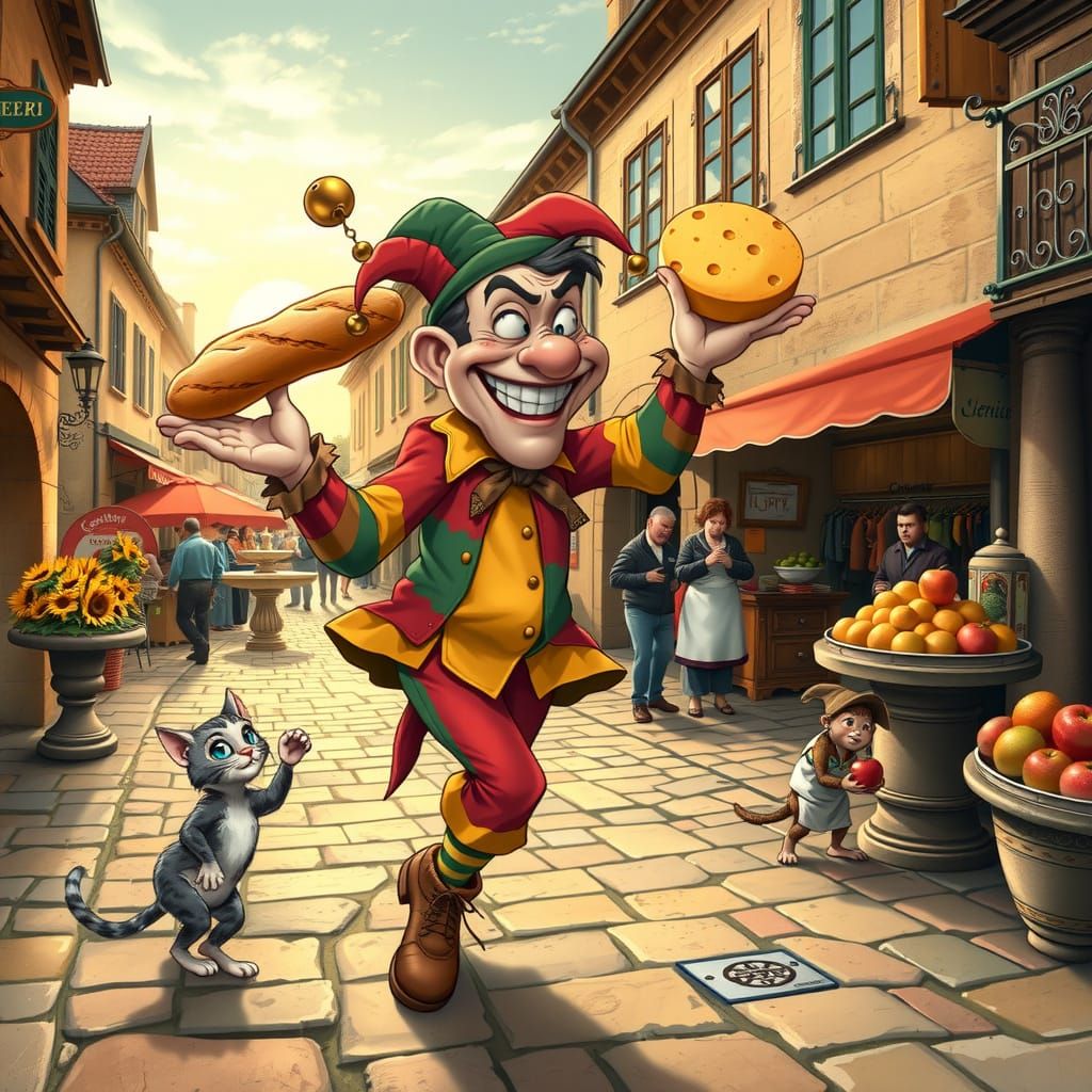 Merry Jester Dances in Vibrant French Marketplace