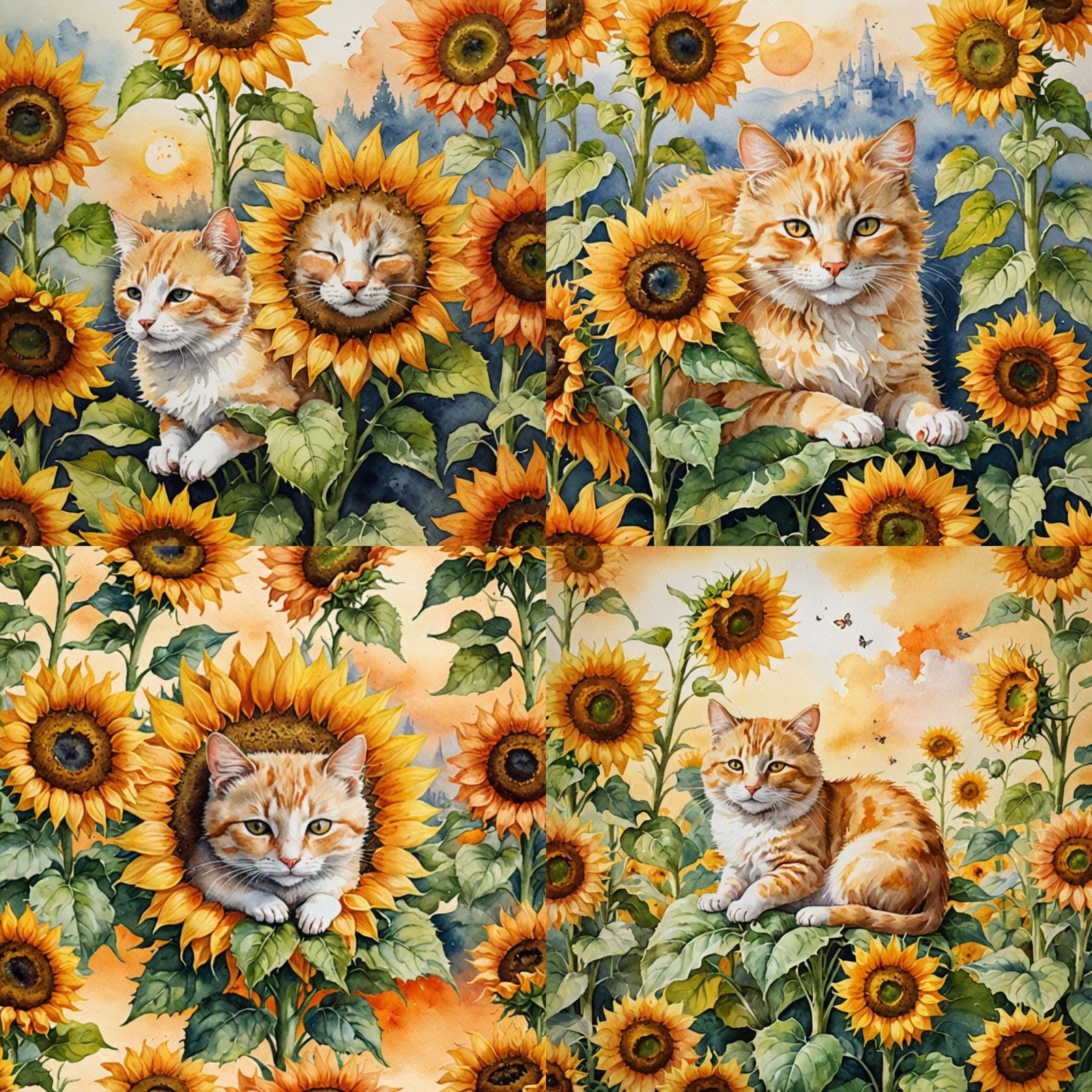 Watercolor Sunflower with Sleeping Mouse Illustration