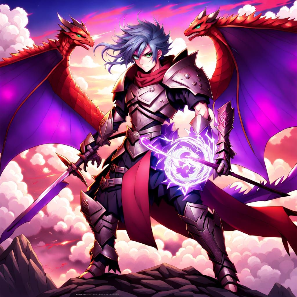 Anime Dragon Knight Warrior with Red Lightning