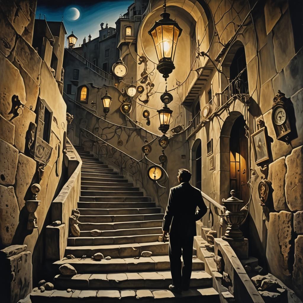 Surreal Man with Lantern on Infinite Staircase