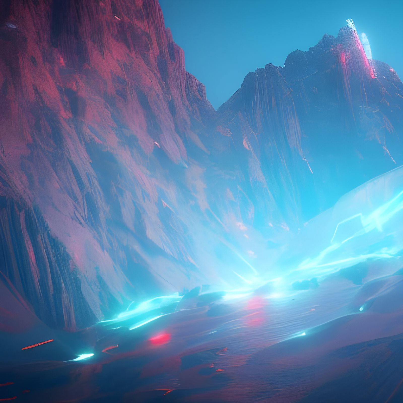 Surreal Neon Landscape with Guiding Light