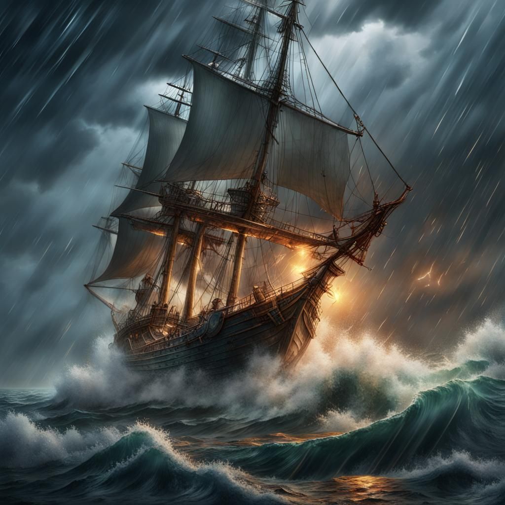 Sailing Ship Under Dragon Attack in Storm