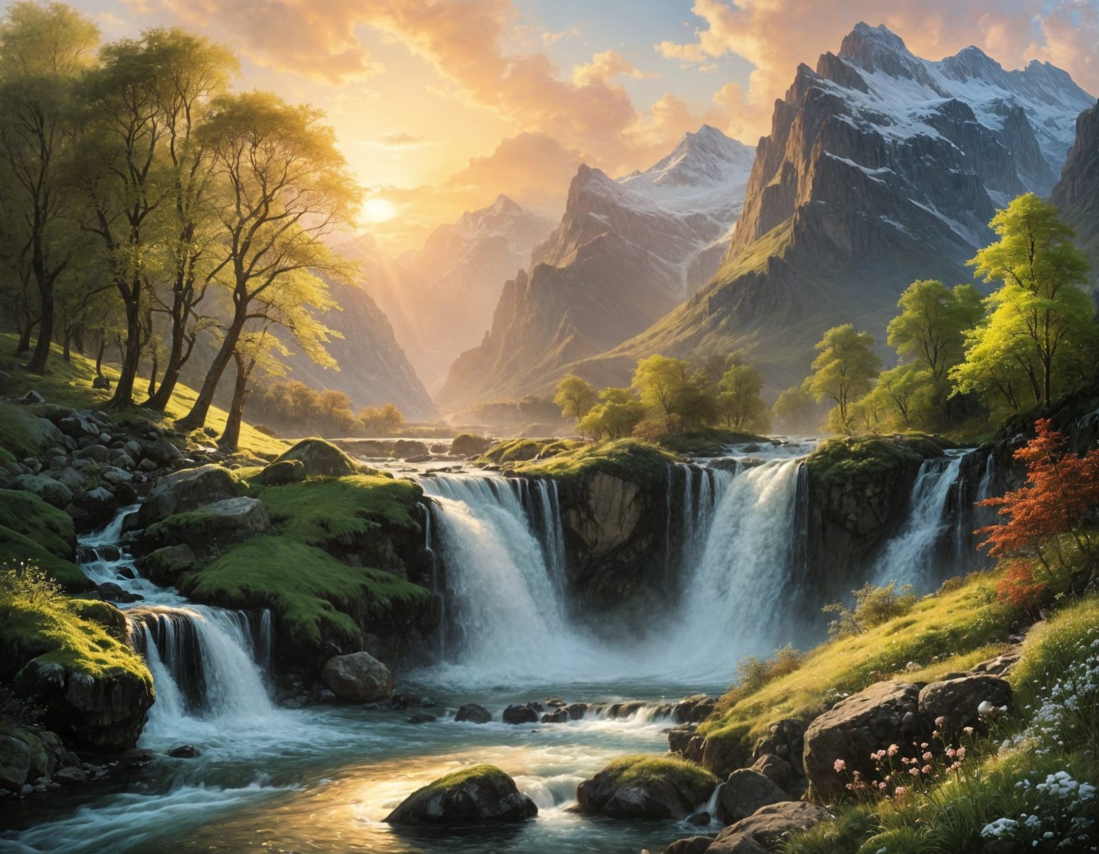 Mountain Sunset in Early Spring with Cascading Waterfall