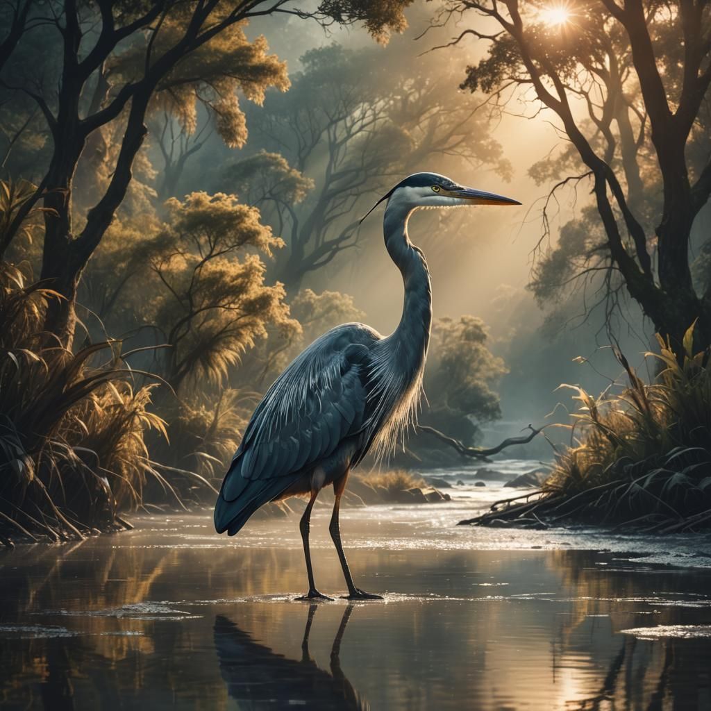 Double Exposure Heron and Magical Sunrise