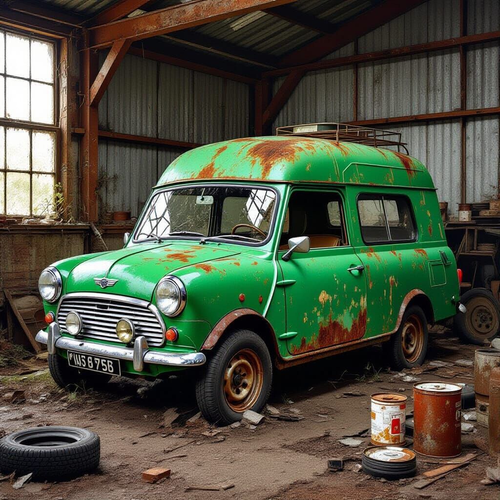 Abandoned Morris Mini Caravan in Dusty Workshop
