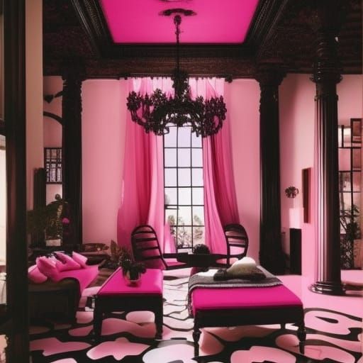 Pink& black gothic penthouse with pink ceiling& pink lights& pink gothic furniture& gothic black pillows& gothic posters...