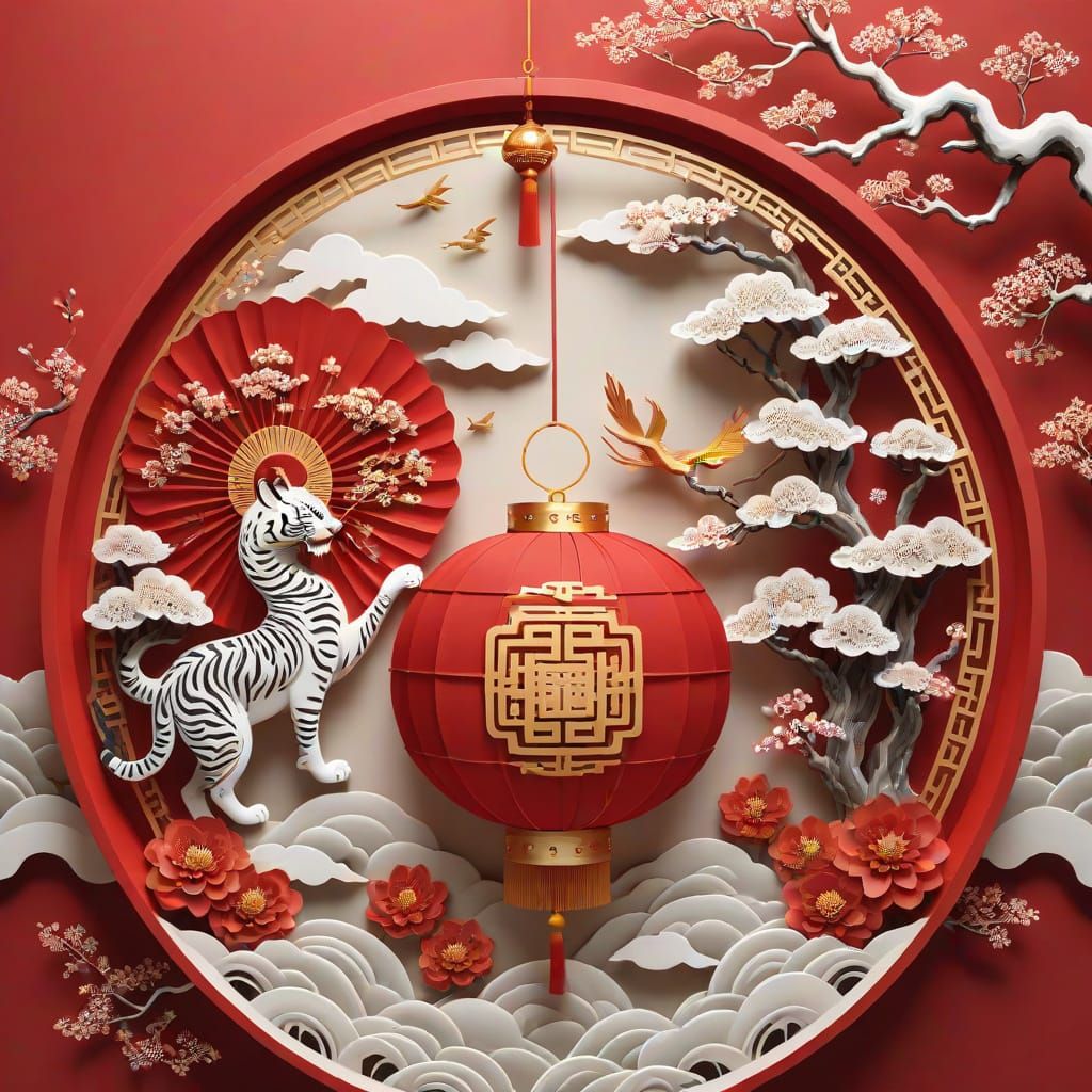 Chinese paper-cut art style, Mid-Autumn Festival scene in Manchurian culture, a large full moon with Changbai Mountain s...