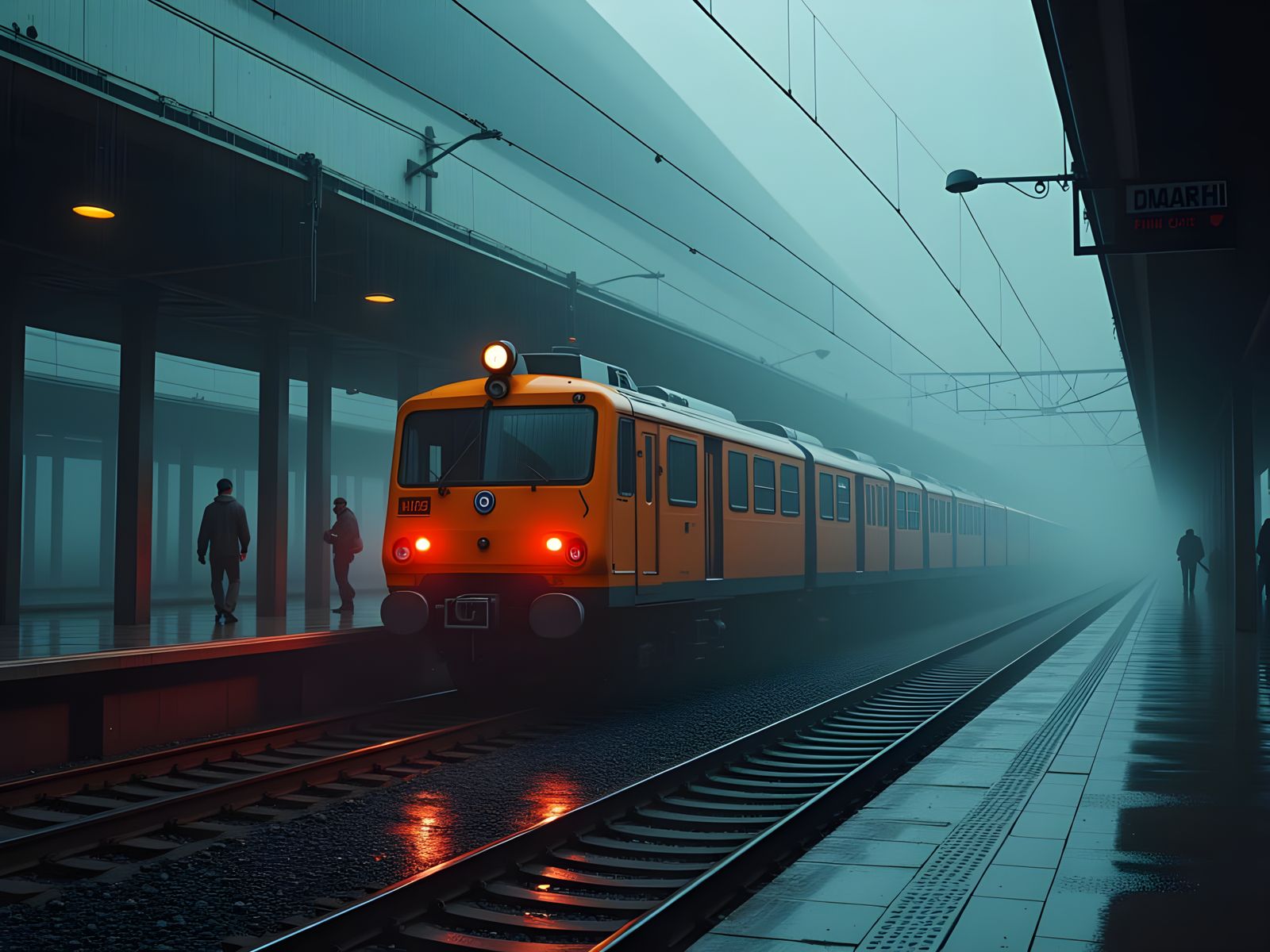 Surreal Train Defying Safety on Rainy, Neon-Lit Tracks