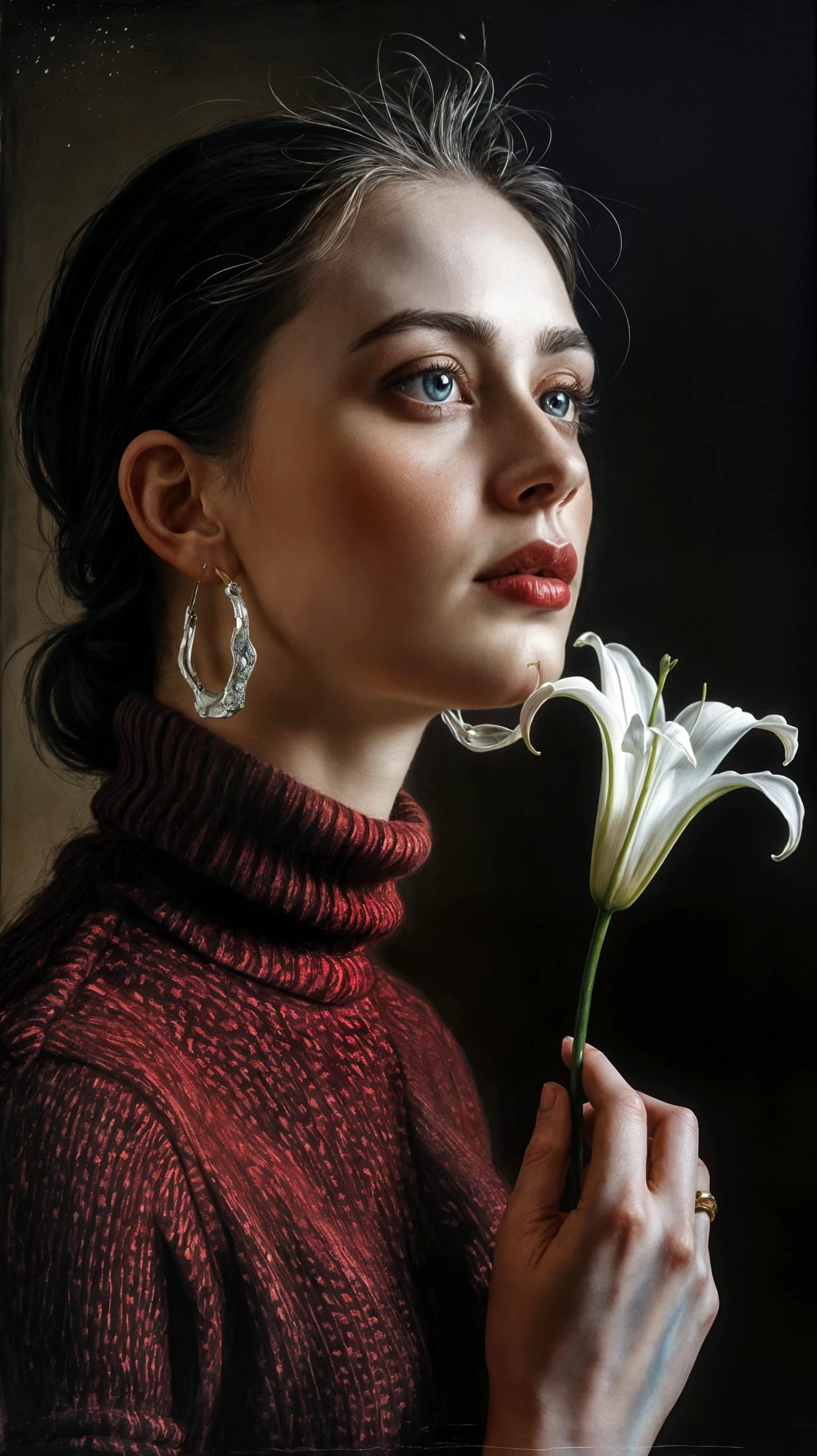 Dramatic Chiaroscuro Portrait of Woman with Lily