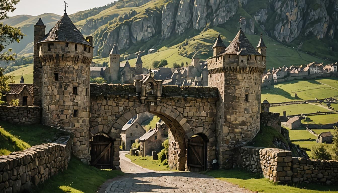 Medieval Town Gate in Mountainous Landscape