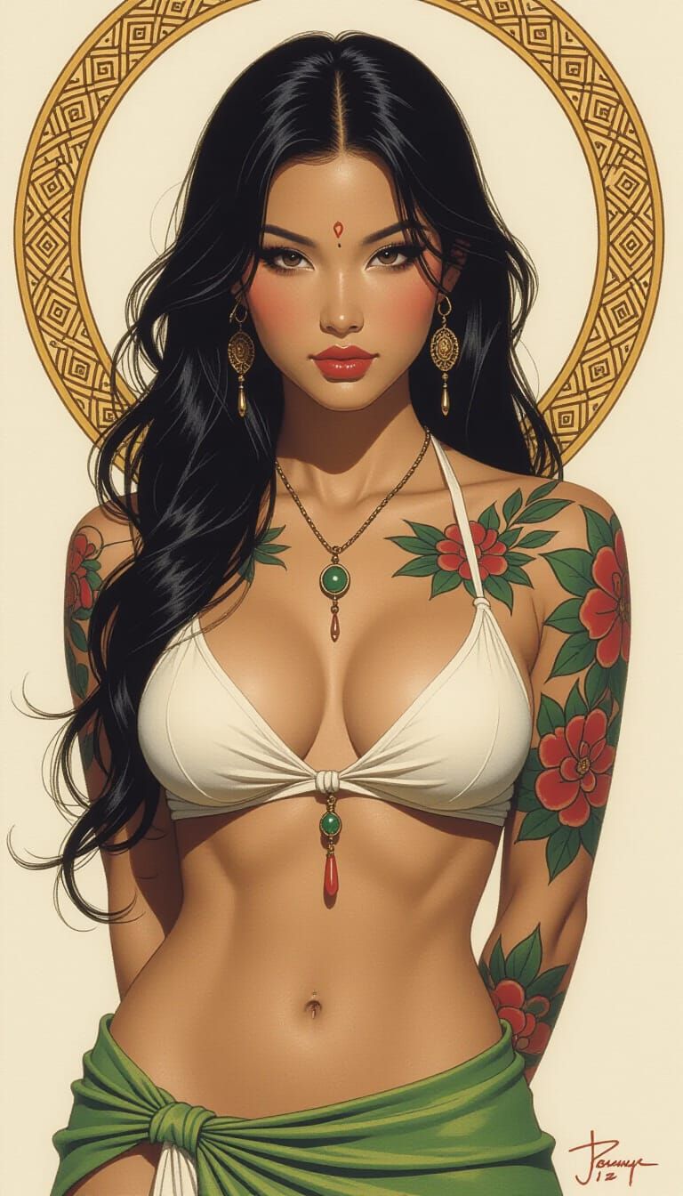 Asian Goddess with Tattoos in Frazetta Style