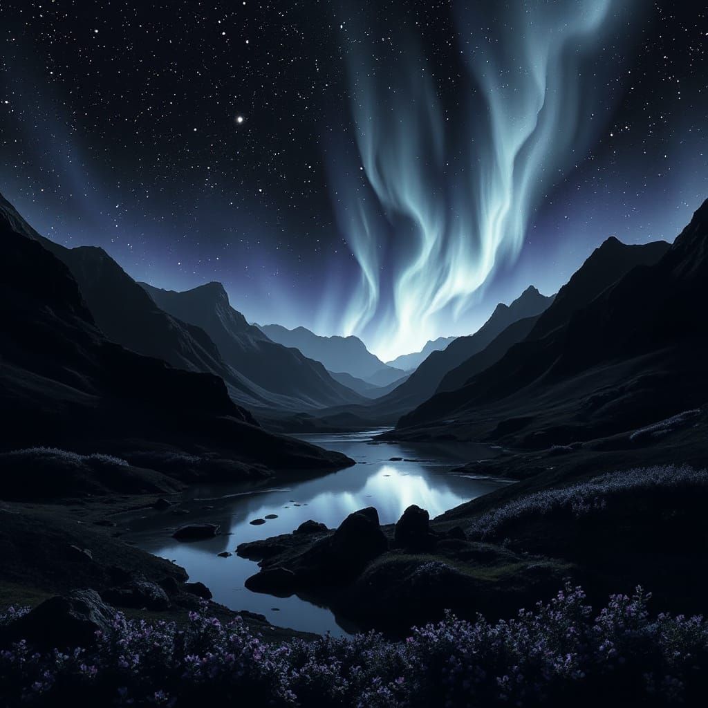 Abstract 8-bit Aurora Landscape in Black and Grey