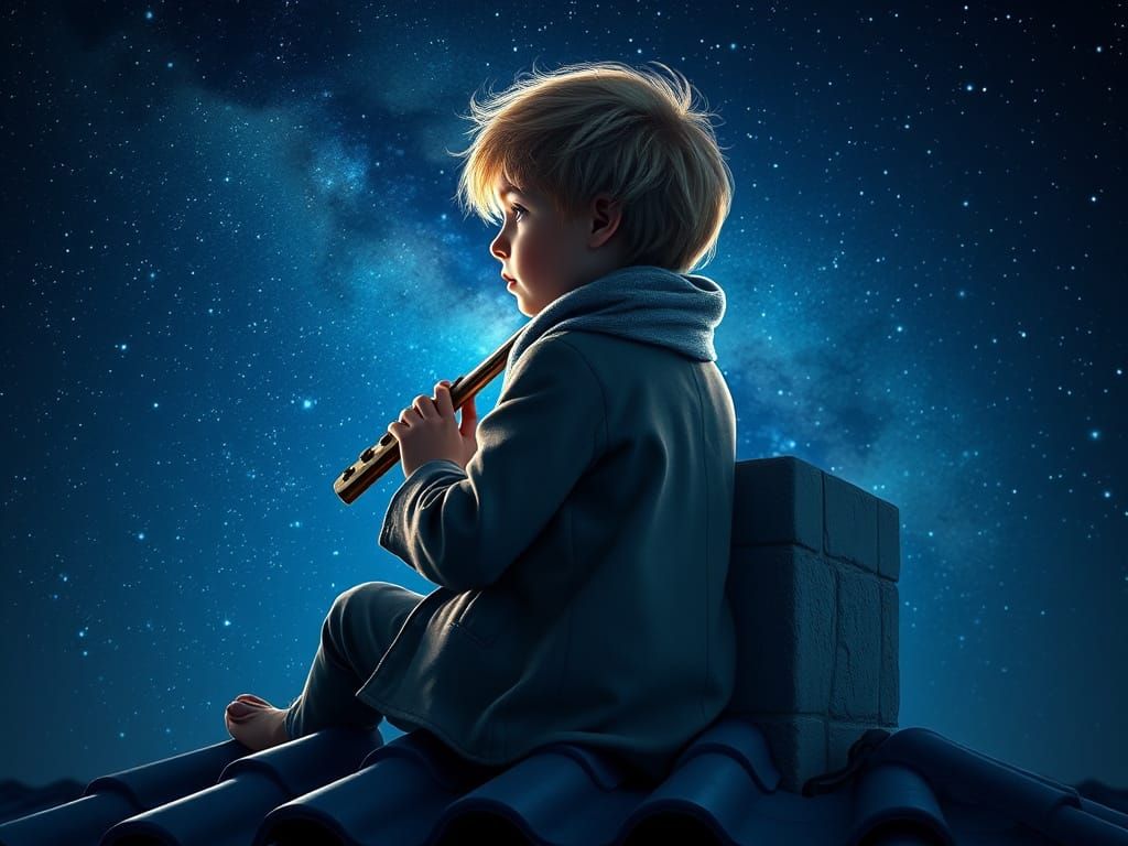 Innocent Boy Plays Flute Under Milky Way