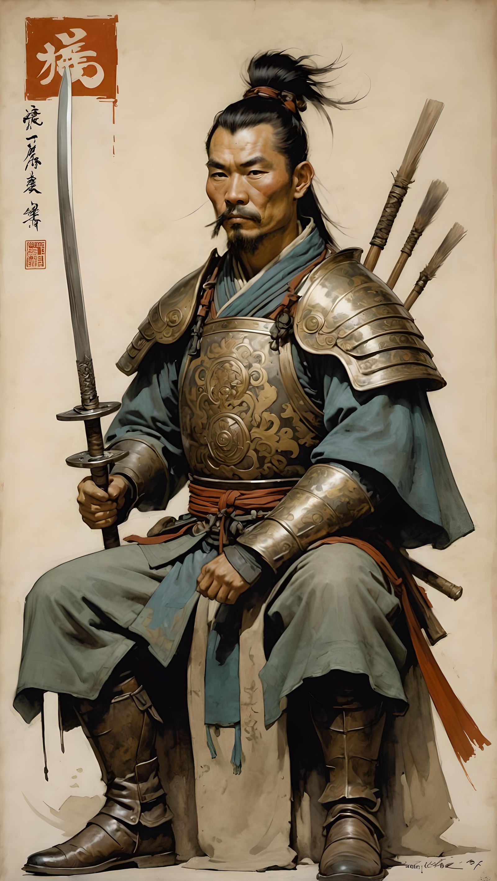 Chinese Warrior Portrait in Art Nouveau Style