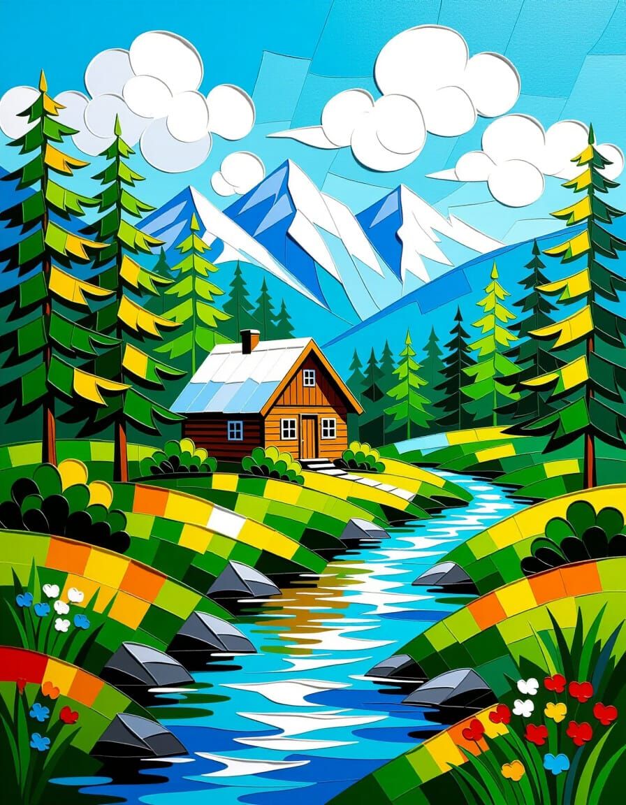 Vibrant Impasto Oil Painting of Woodland Shack