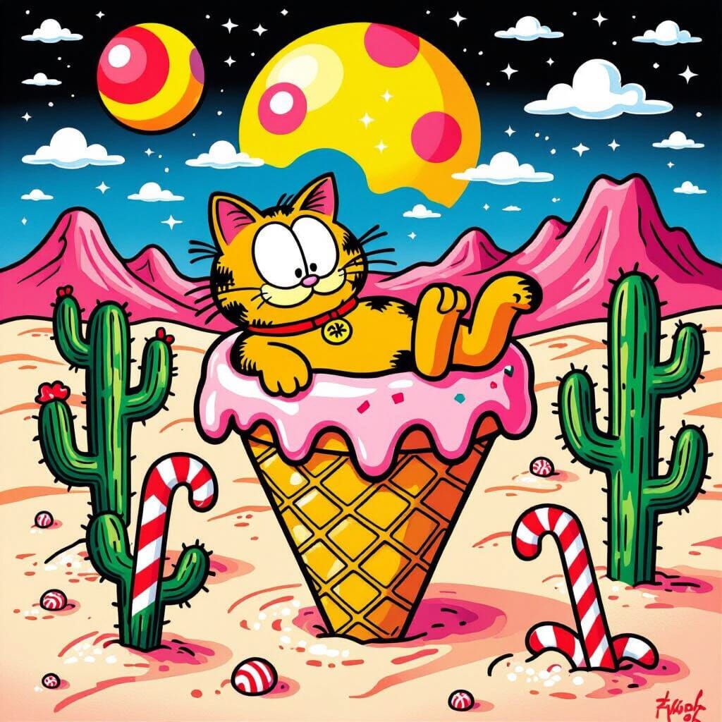 Garfield Lounging in a Surreal Candy Desert, Pop Art