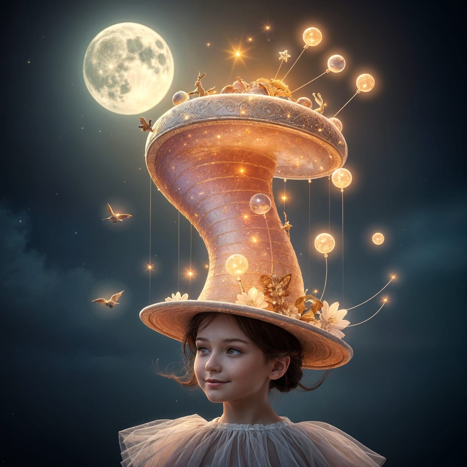 Girl with Magical Hat in Dreamlike Landscape