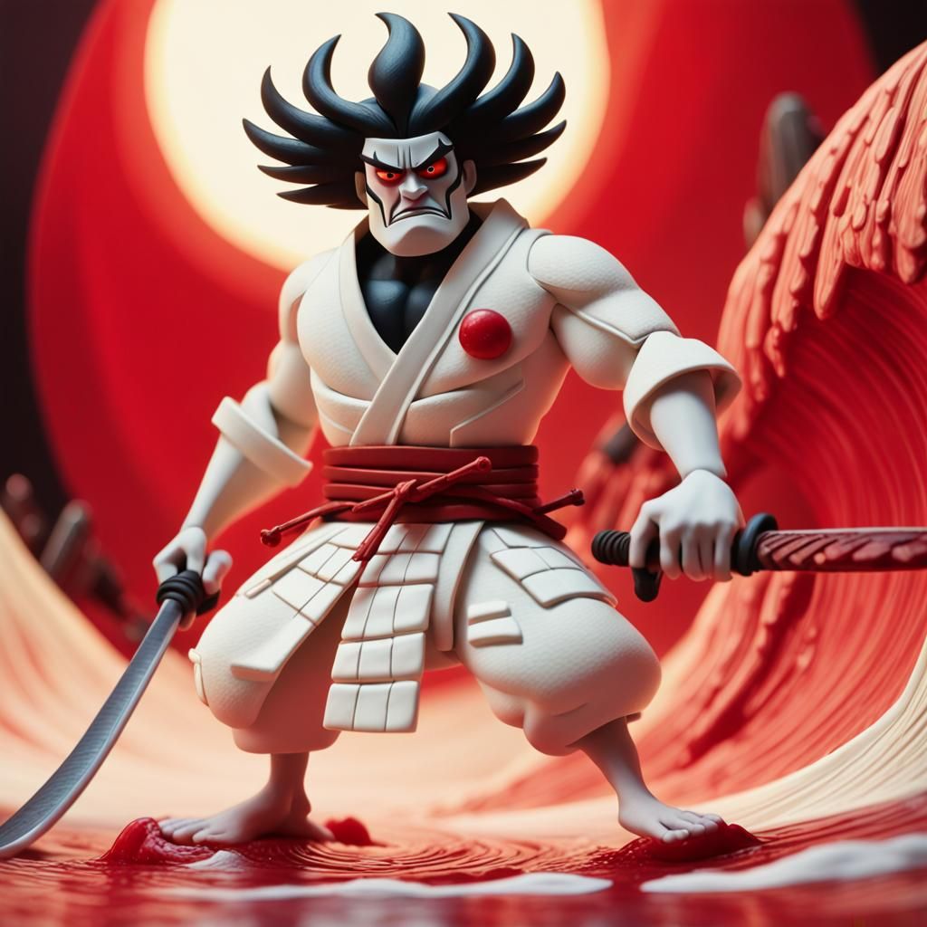 Samurai Jack Surfing Blood Cell in Claymation Style
