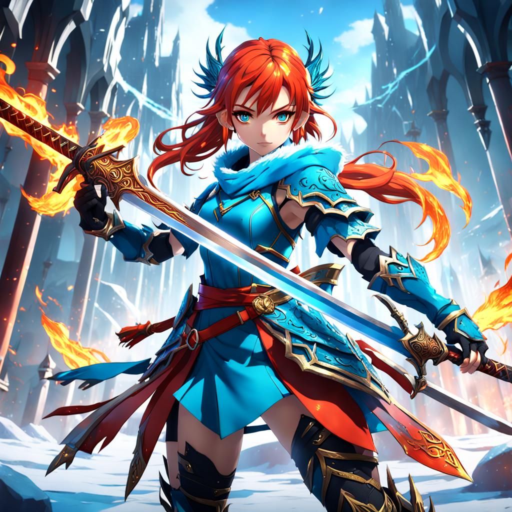 Anime Girl with Fire and Ice Sword