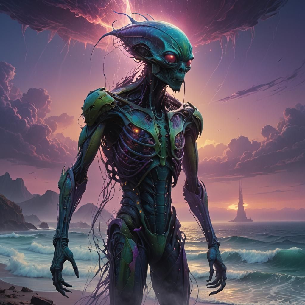 Mantis-Faced Alien on a Vibrant Shoreline