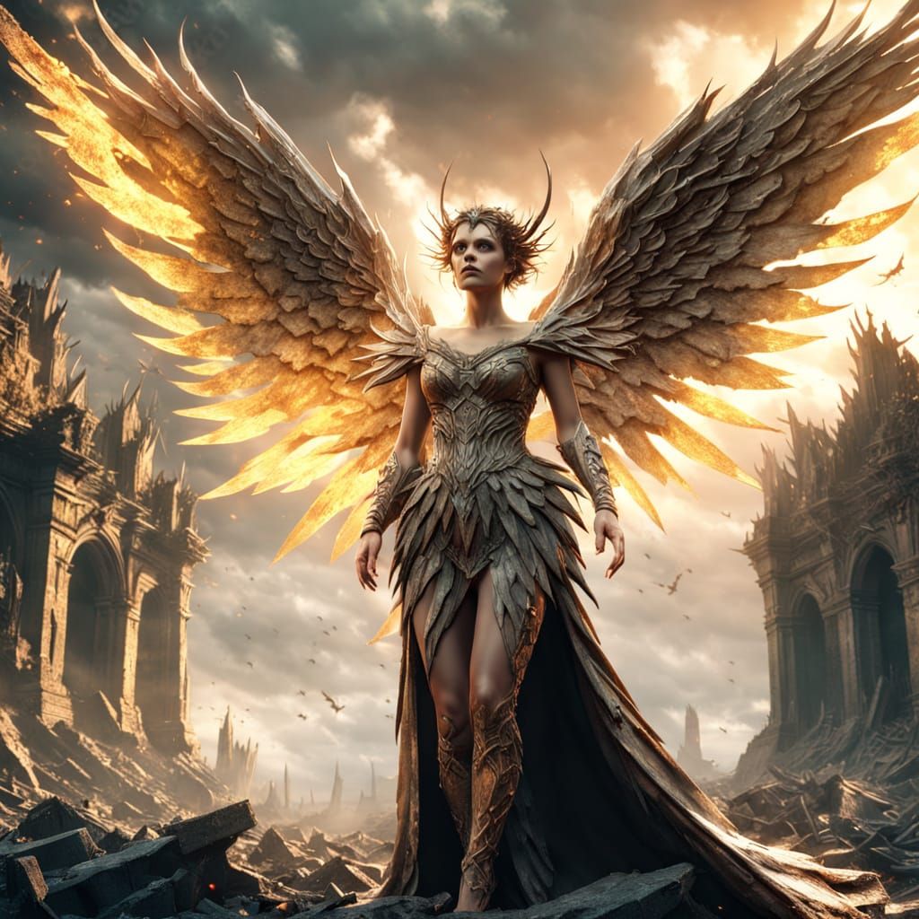 Doomsday Fairy Amidst Ruins in Cinematic Style