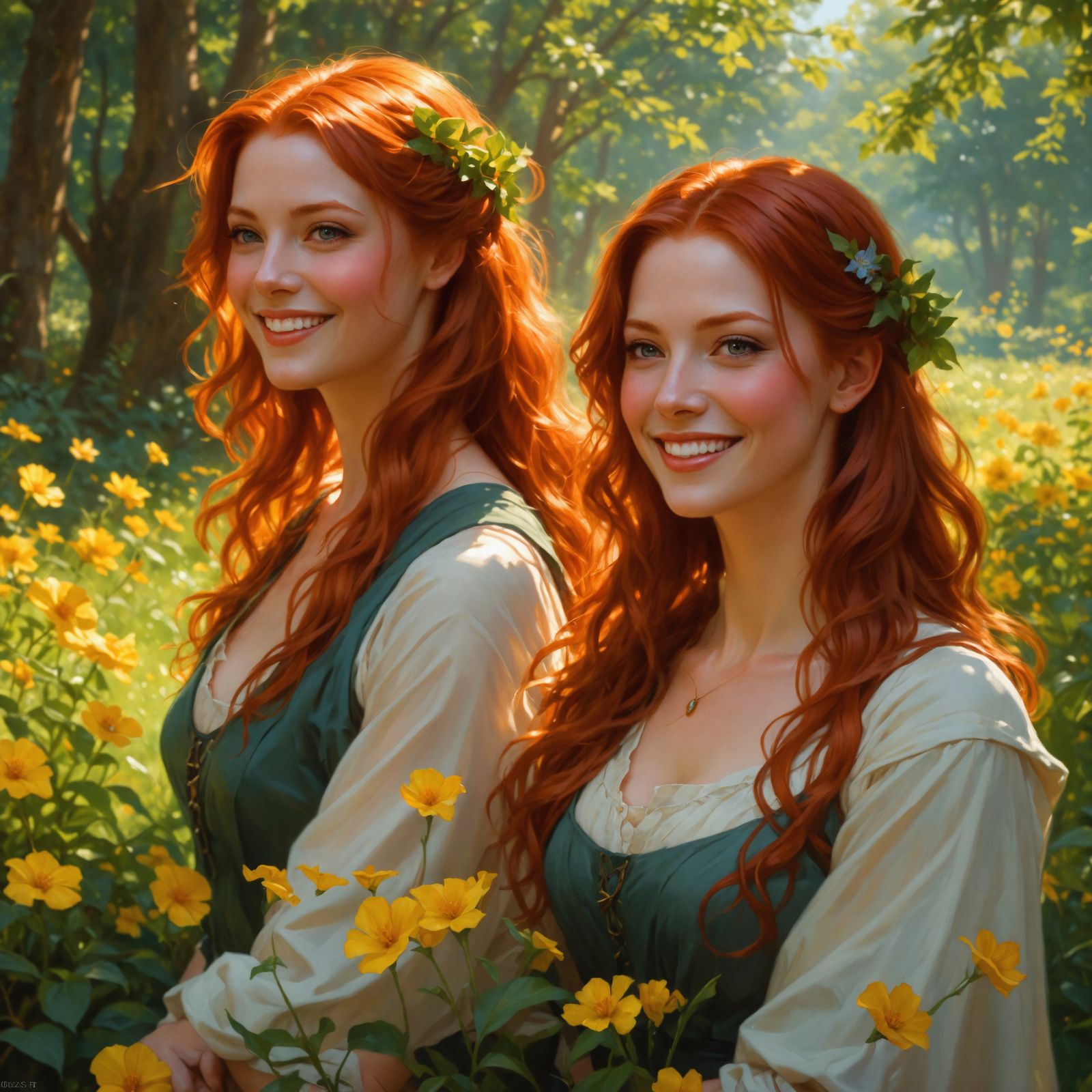 Redhead Twins Portrait in Fantasy Art Style